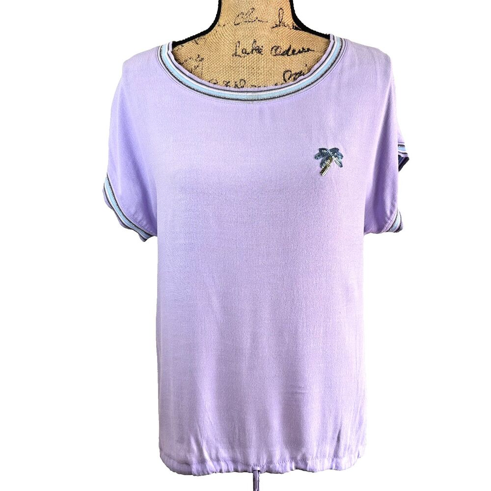 Bianca Women Lavender Sequin Palm Tree Striped Trim Short Sleeve Resort Top Sz 8